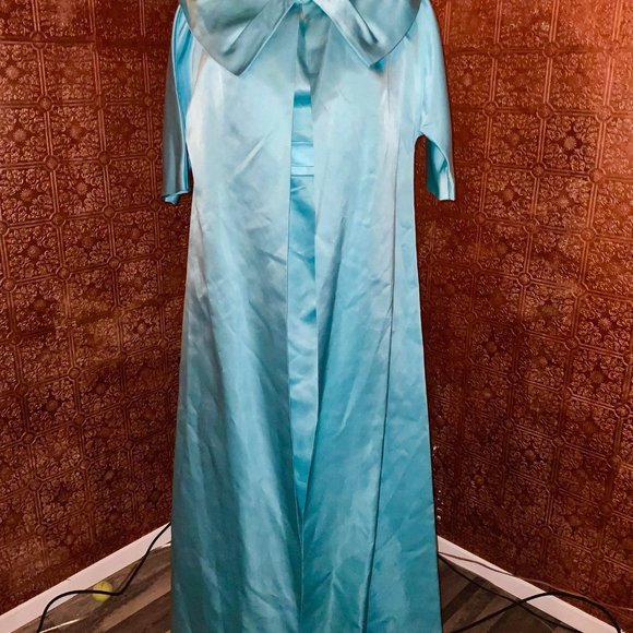 2 PIECES Vintage 1950s 2PC Turquoise Satin Wiggle Dress w/ Matching Swing Coat